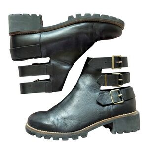 Miista Women's Cecilia Black Leather Buckle Boots Dark Academia Moto Style 10